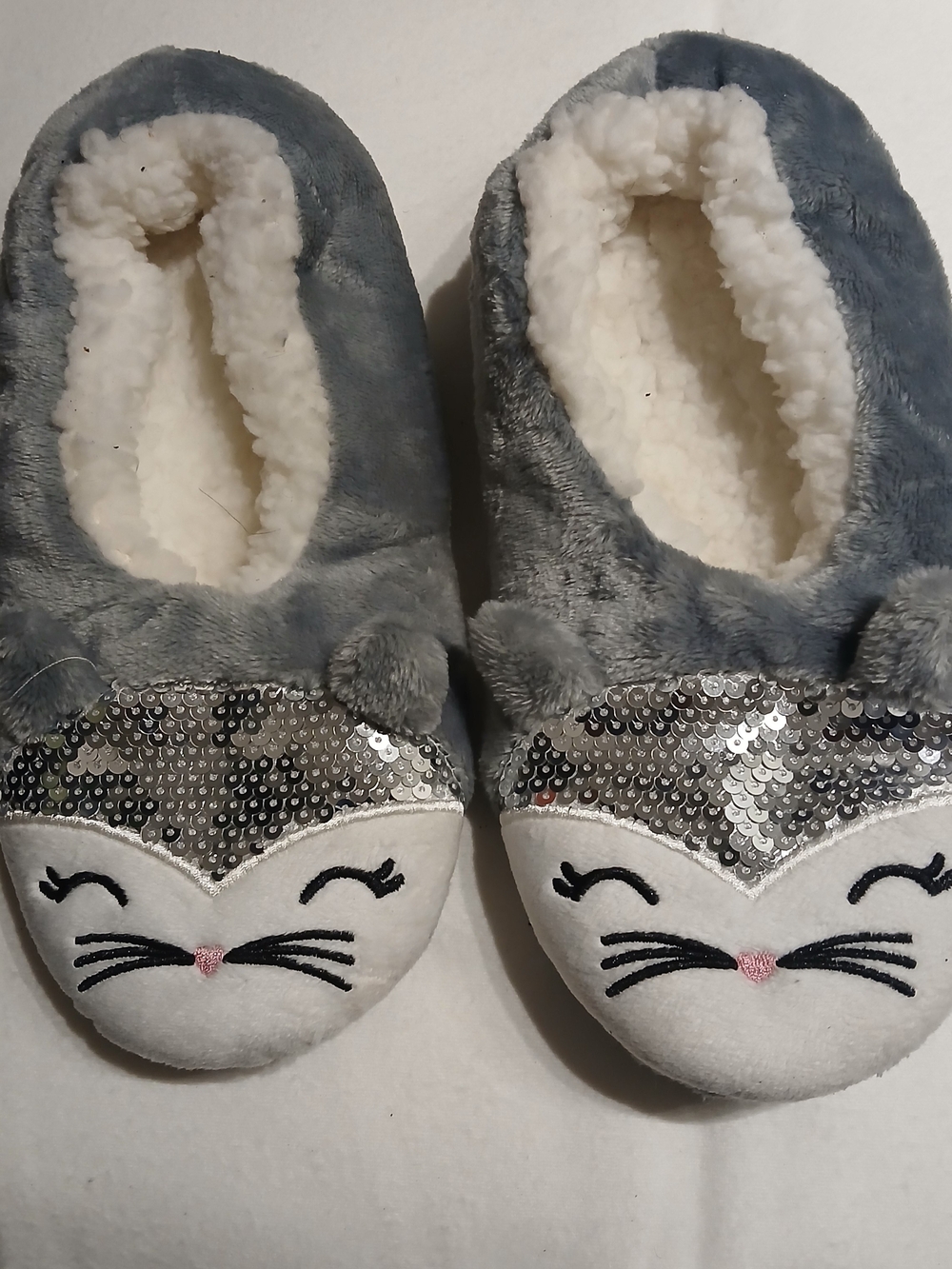 Grey Plush Cat Slippers with Sequin Accent